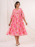 Janasya Women's Pink Georgette Floral Printed A-line Dress